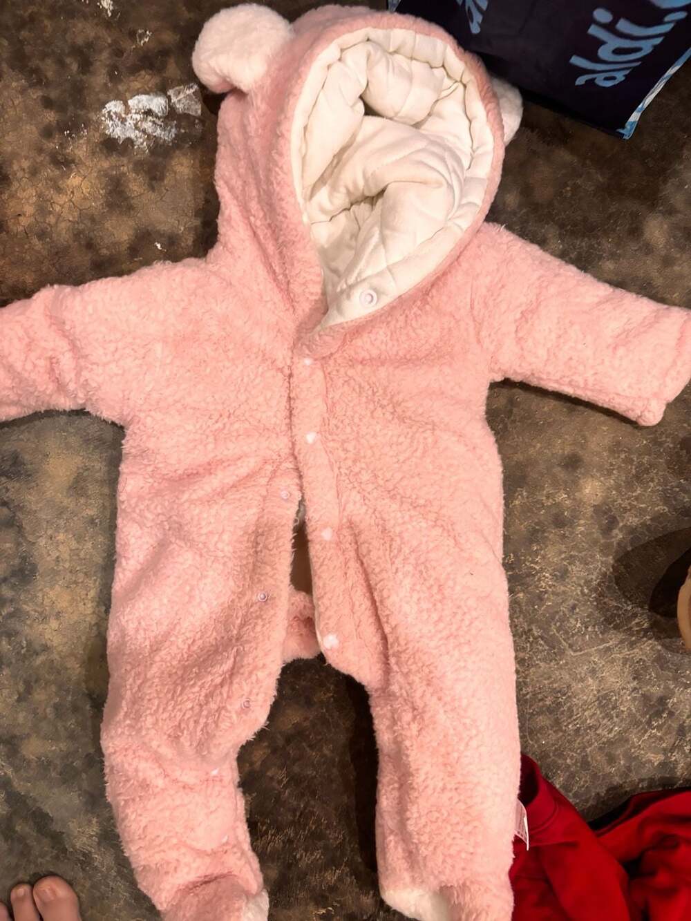 Pink Sherpa Bear Ears Hooded Baby Jumpsuit Snowsuit